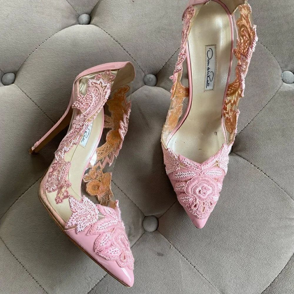 Oscar de la Renta Patent Mesh Alyssa Embellished Pointed Toe Pumps pink 39